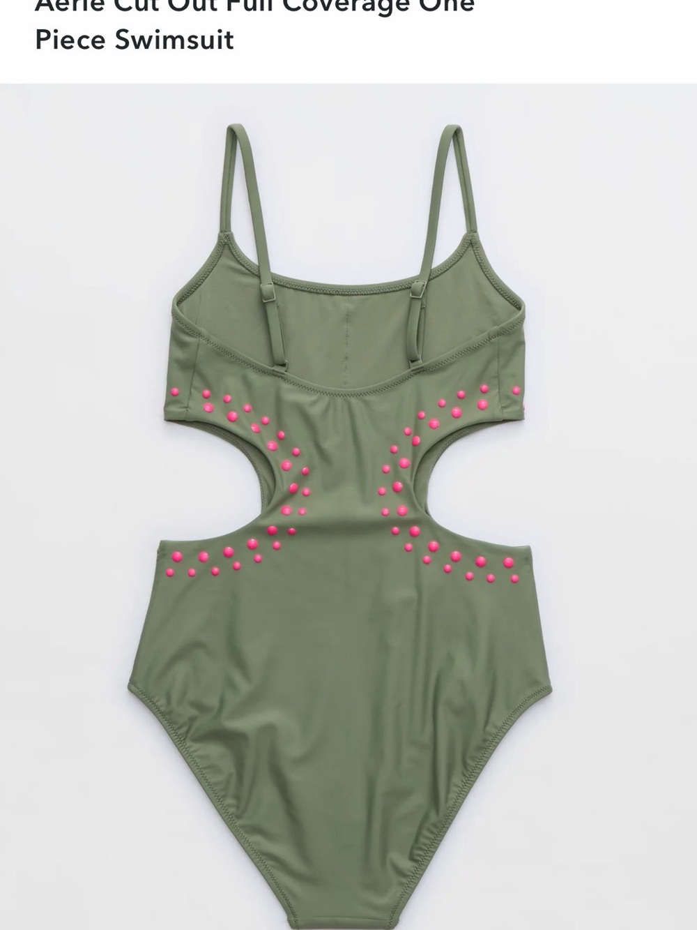 Aerie Olive Green Cut-Out One-Piece Swimsuit with Pink Stud Accents size medium - Picture 2 of 3